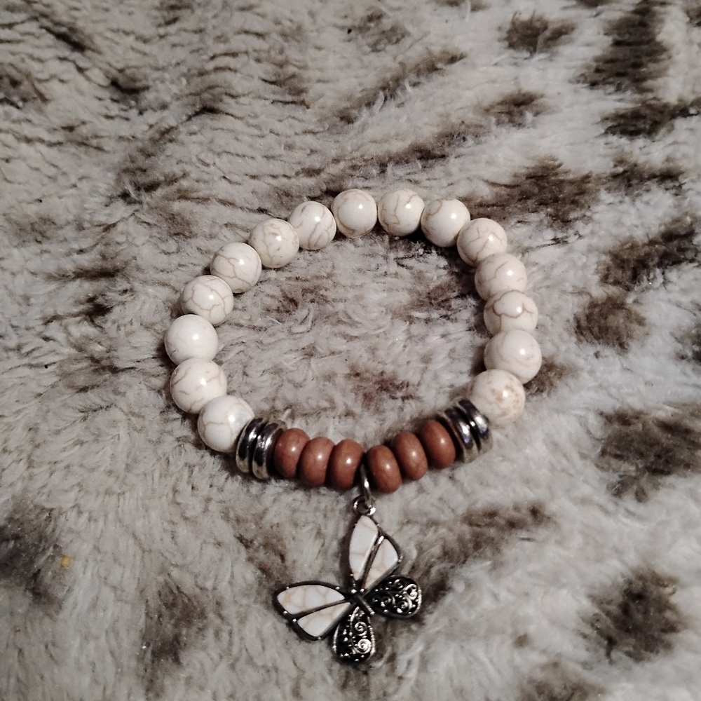 Handmade white howlite rustic boho bracelet with butterfly charm